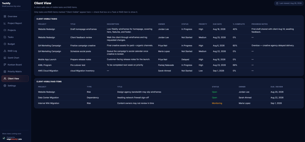 Client View tab showing a safe, client-facing list of visible tasks and RAID items with internal notes hidden