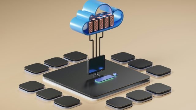 3D illustration of a cloud connected to server racks and devices, representing cloud and DevOps