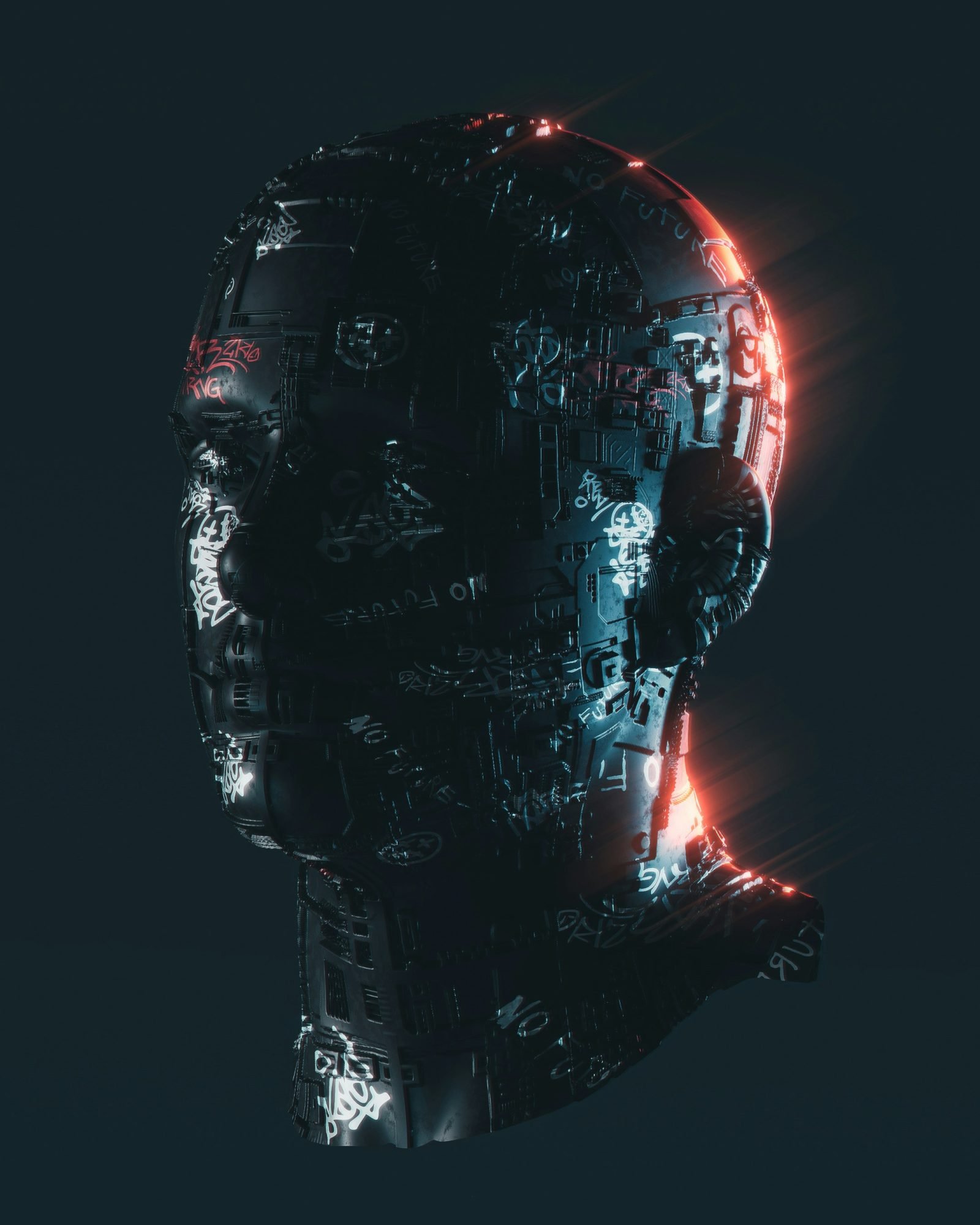 Dark cybernetic AI head portrait, illuminated circuitry