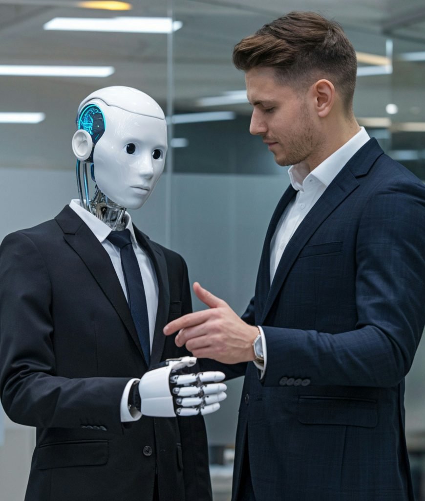 Businessman in discussion with a humanoid AI robot in an office