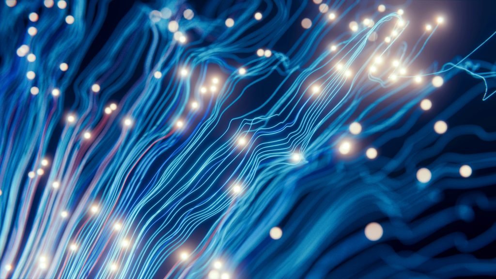 Abstract glowing blue fiber-optic style network lines converging