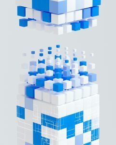 An abstract 3D rendering of blue and white cube blocks assembling into a tower, suggesting structured data or modular software