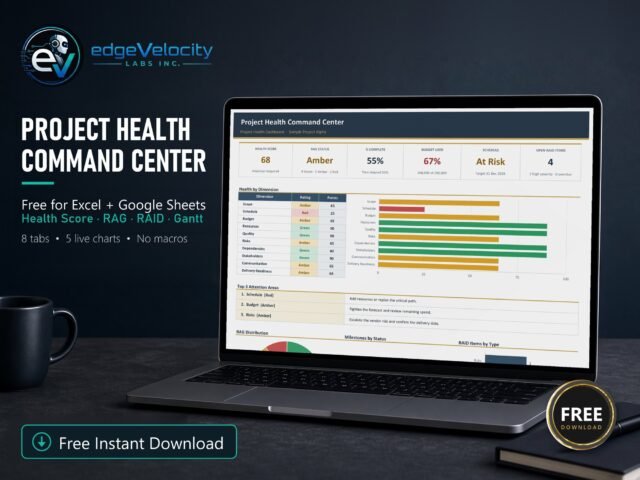 Free Project Health Command Center dashboard shown on a laptop