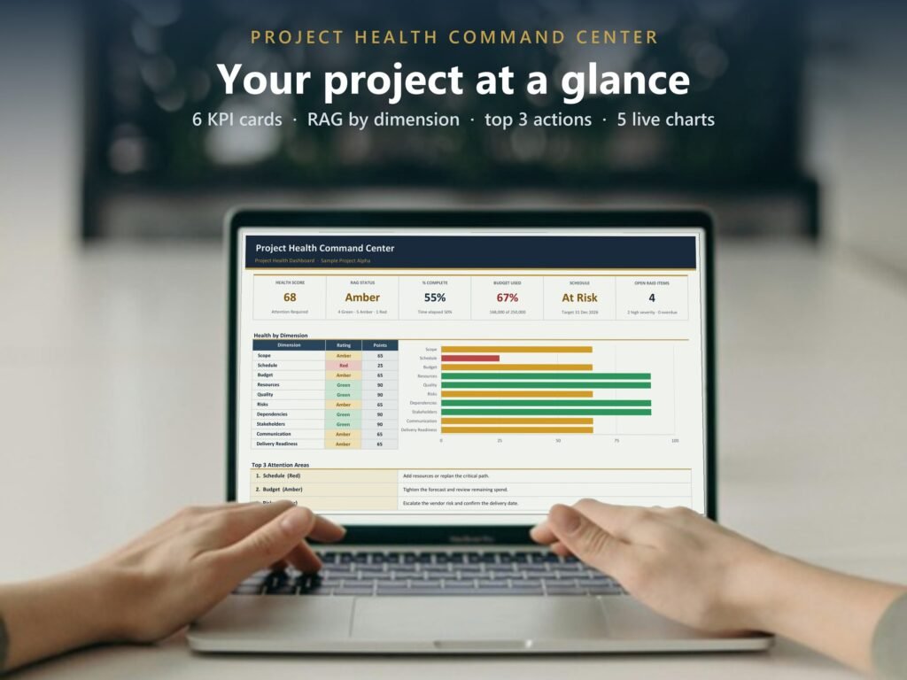 Executive dashboard with KPI cards and live charts on a laptop