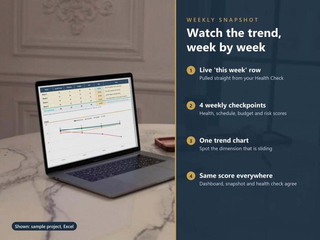 Weekly snapshot tab tracking the health score trend week by week