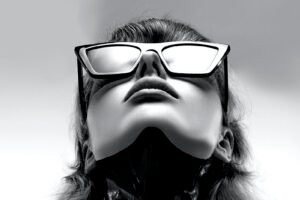 Black-and-white portrait of a person wearing bold sunglasses, looking up