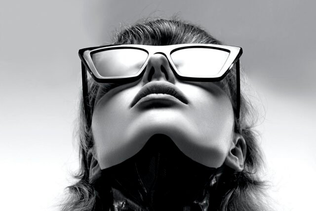 Black-and-white portrait of a person wearing bold sunglasses, looking up