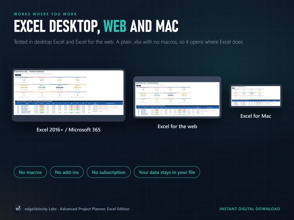 The planner on desktop Excel, Excel for the web and Excel for Mac; no macros, no add-ins, no subscription